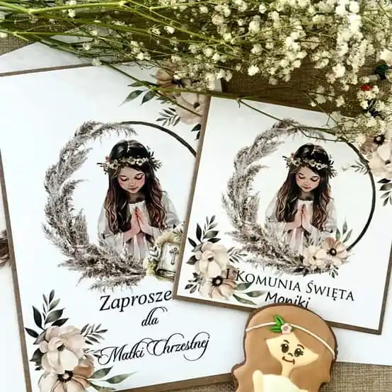 zaproszenie komunijne z pampasem na papierze ekologicznym dla Rodziców Chrzestnych