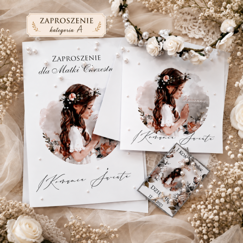 zaproszenia komunijne z perełkami dla Chrzestnych
