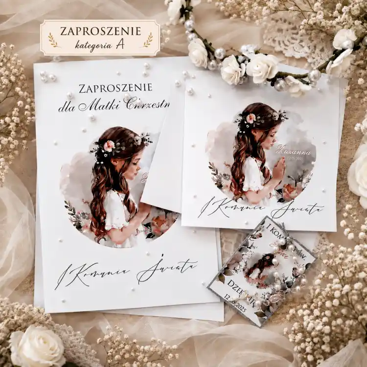 zaproszenia komunijne z perełkami dla Chrzestnych