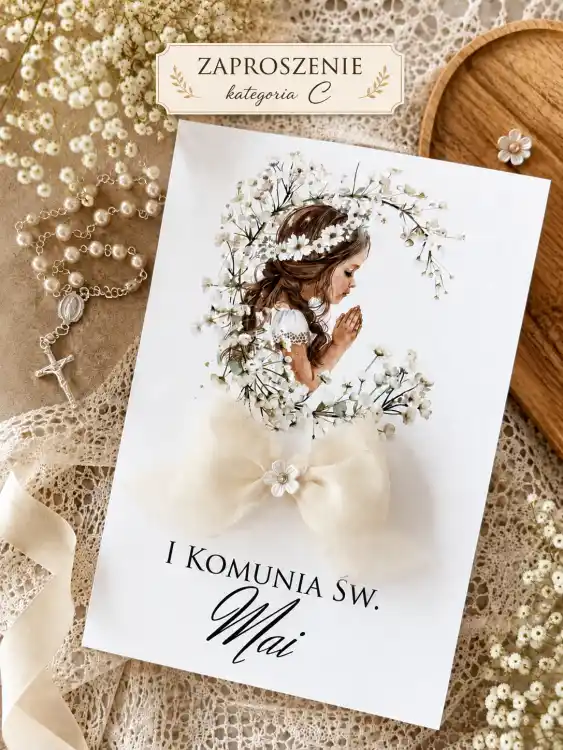 zaproszenie komunijne z kokardką szyfonową