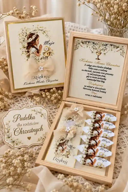Podziękowanie komunia pudełko dla chrzestnych