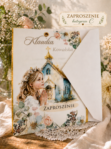 zaproszenie z kalką i złotą podkładką dla chrzestych