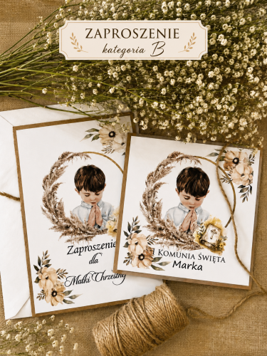 zaproszenia komunijne z pampasem na papierze ekologicznym dla Chrzestnych