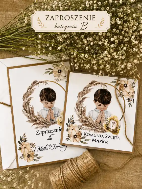 zaproszenia komunijne z pampasem na papierze ekologicznym dla Chrzestnych