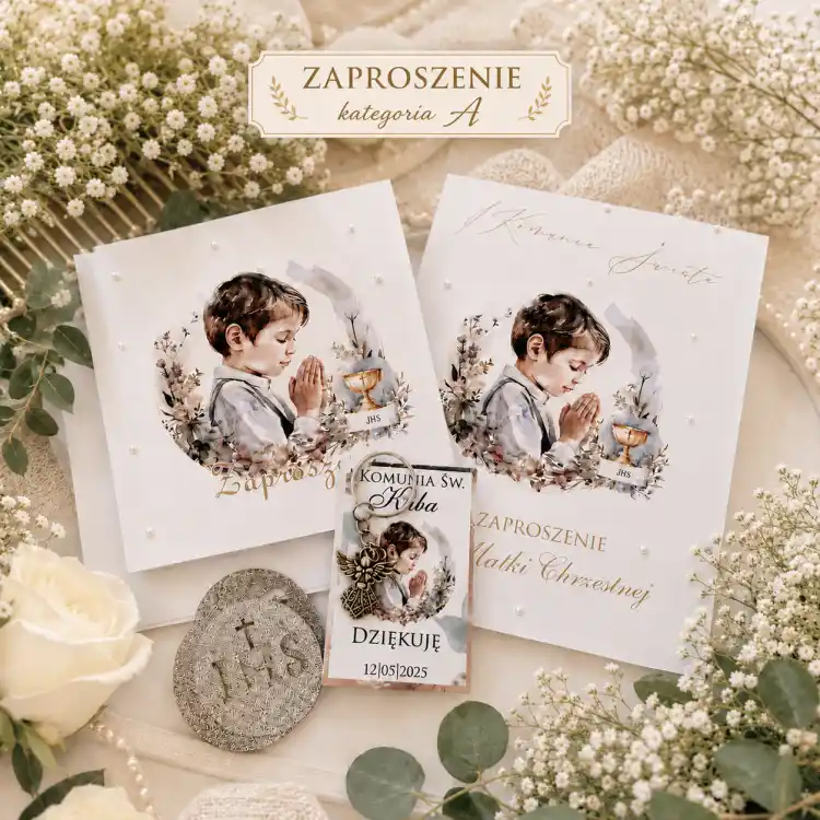 Zaproszenie komunijne z perełkami dla rodziców chrzestnych