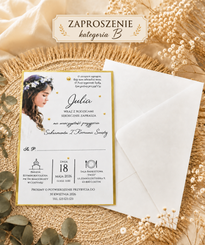 zaproszenie ze złotymi koralikami dla dziewczynki