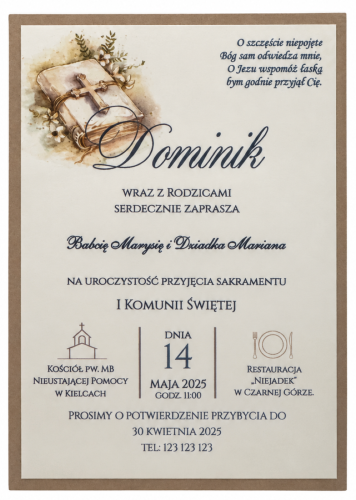 zaproszenie komunijne z papieru ekologicznego