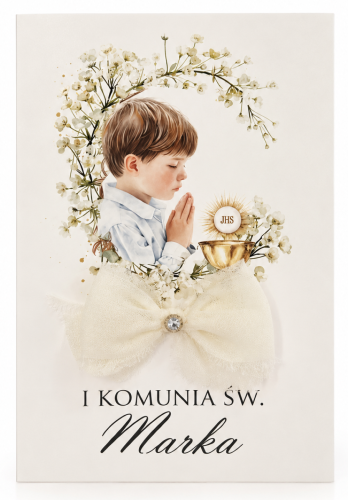 zaproszenie na komunię Boho z chłopcem i kokardą
