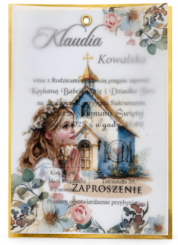 zaproszenie z kalką i złotą podkładką