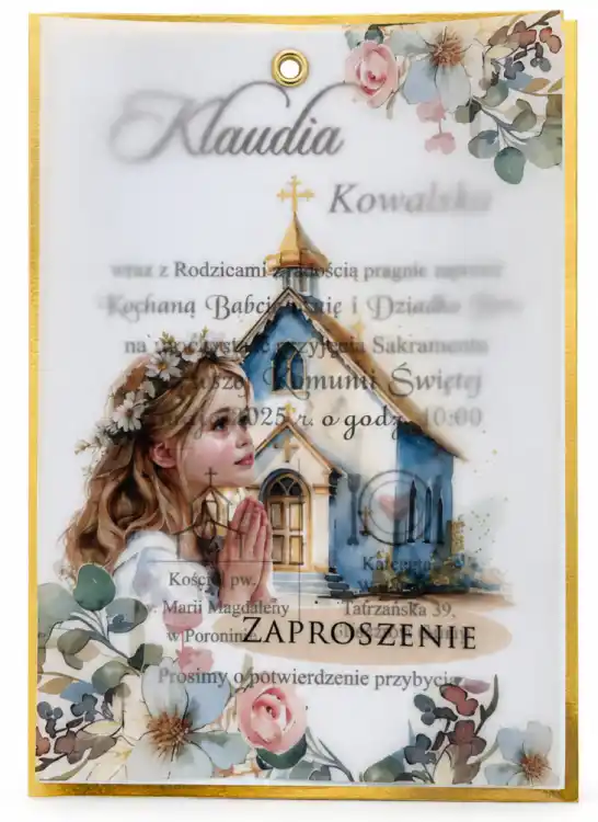 zaproszenie z kalką i złotą podkładką