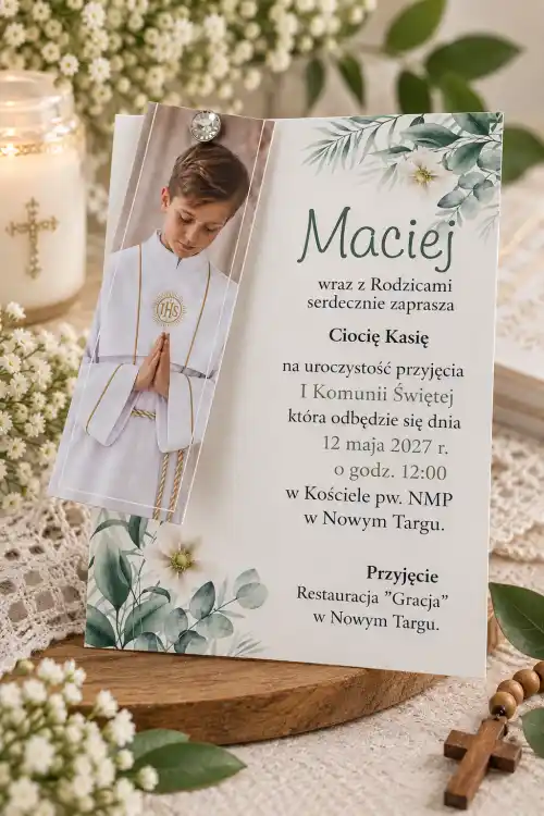 zaproszenia ze zdjęciem na komunię z diamencikiem