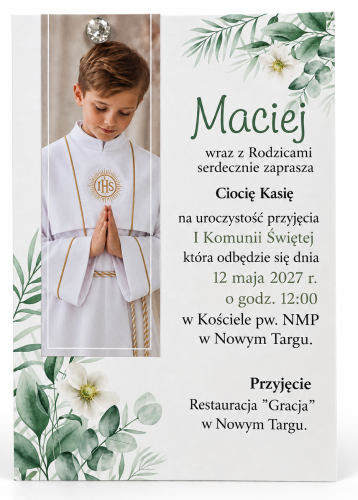 zaproszenia ze zdjęciem na komunię z diamencikiem