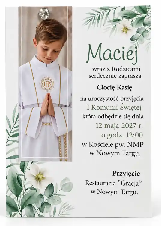 zaproszenia ze zdjęciem na komunię z diamencikiem