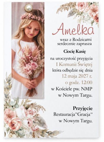 zaproszenie na komunie ze zdjęciem i perełką