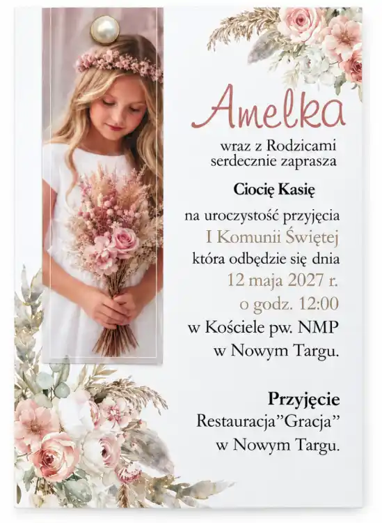 zaproszenie na komunie ze zdjęciem i perełką