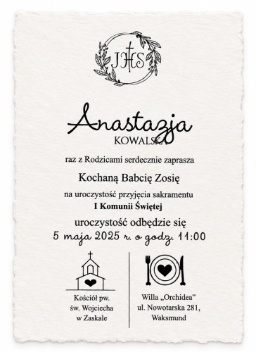 zaproszenie z papieru czerpanego na komunię