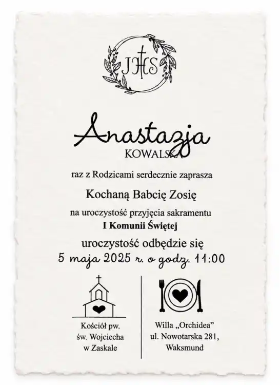 zaproszenie z papieru czerpanego na komunię